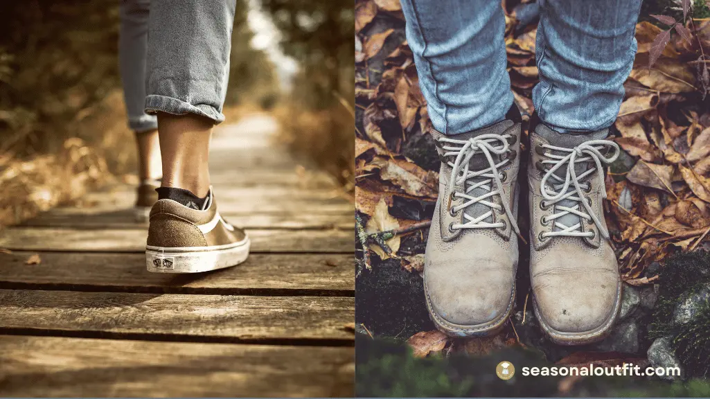 A comparison image of hiking boots and walking shoes suitable for safari